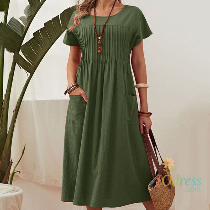 IO Dress New Solid Color Round Neck Pocket Patchwork Pleated Short Sleeved Cotton And Linen Dress For Women's Army Green Midi Dresses