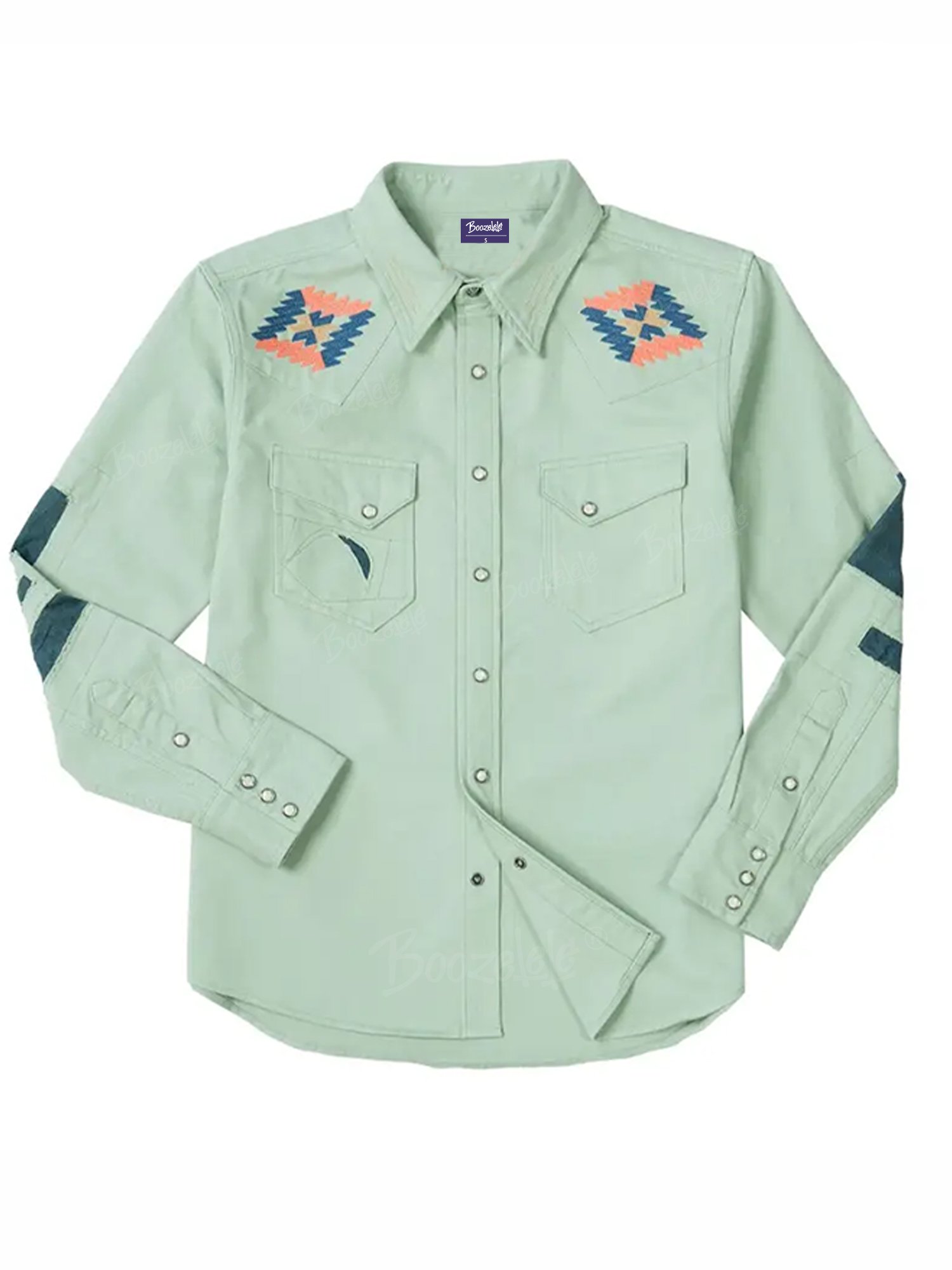 【Embroidery】American Vintage Style Embroidered Western Navajo Pattern Washed And Distressed Slim-Fit Men'S Thick Denim Shirt