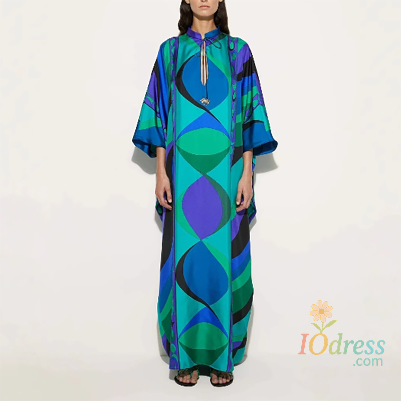 IO Dress Early Autumn Pattern Printed Party Dress Retro Seven Quarter Sleeve Middle Eastern Dress Ladies O-neck Lace Up Loose Robe Dress