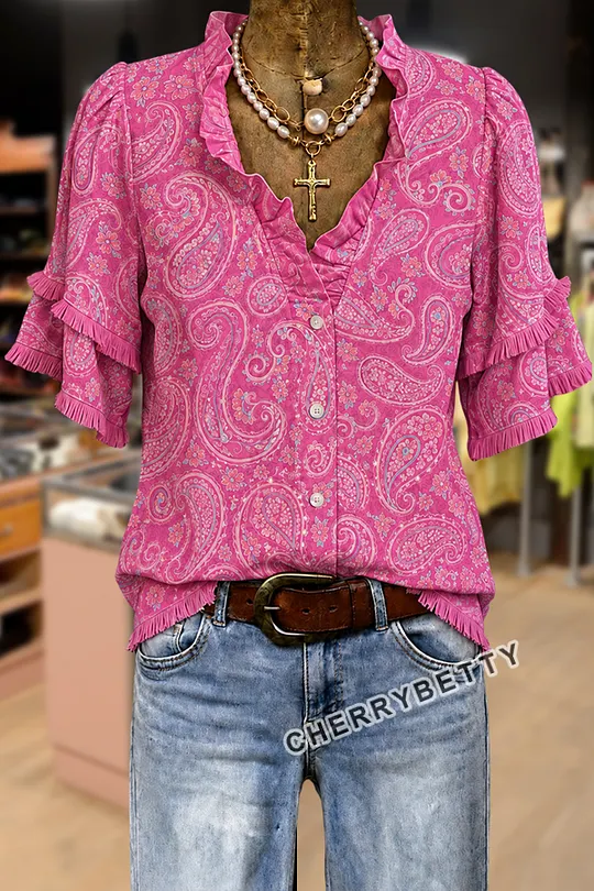 Vintage Rose Embroidered Notch Neck Ruffle Sleeve Blouse