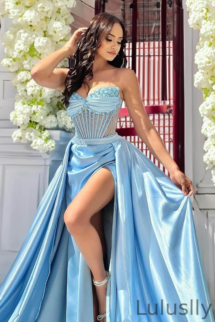 Luluslly Baby Blue Sweetheart Sleeveless Mermaid Evening Dress With Split Beadings Overskirt