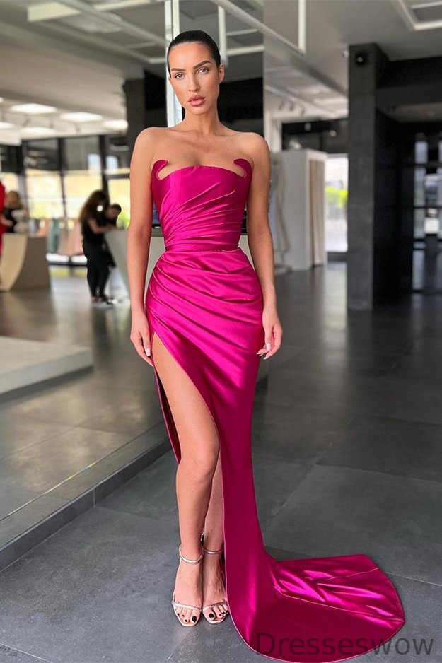 Dresseswow Strapless Fuchsia Mermaid Prom Dress Long With Split