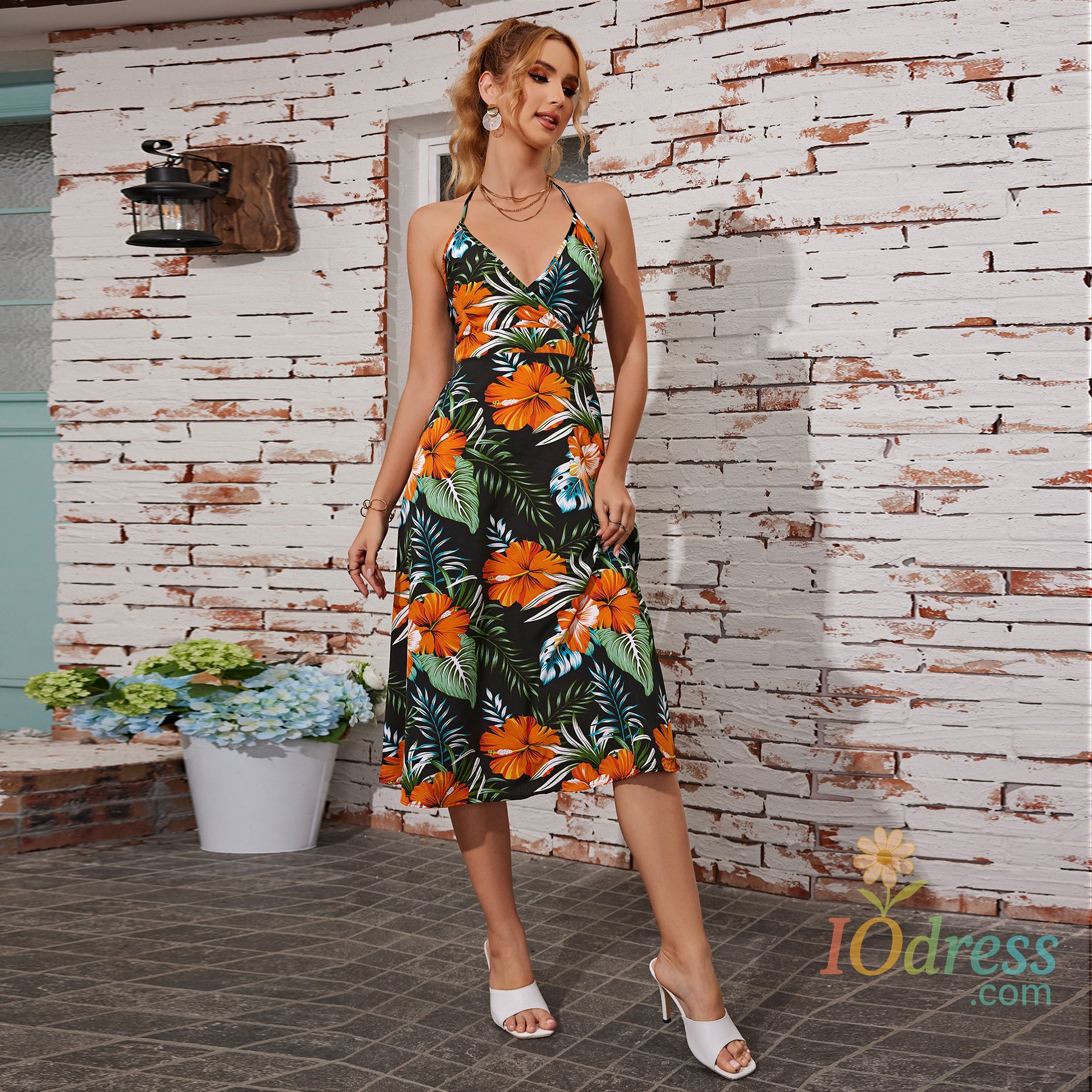 IO Dress Summer Printed Strapless Women's Dress New Casual Vacation Backless Halter Split Long Dresses IO Dress