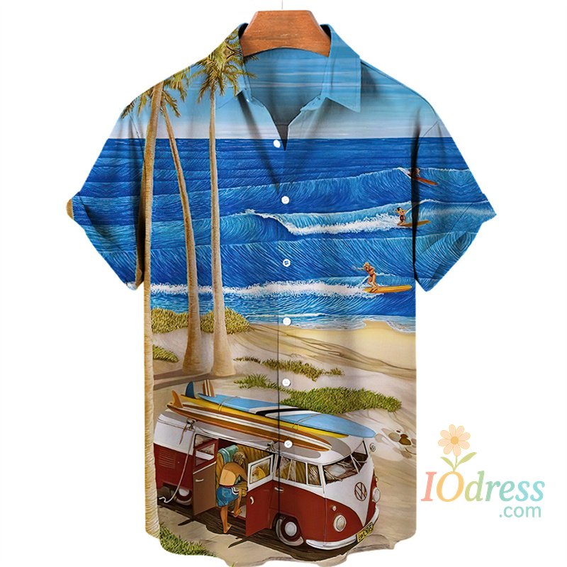 IO Menswear Tropical Palm 3d Print Hawaiian Shirt For Men Summer Beach Street Short Sleeves Tops Harajuku Holiday Lapel Button Loose Blouse