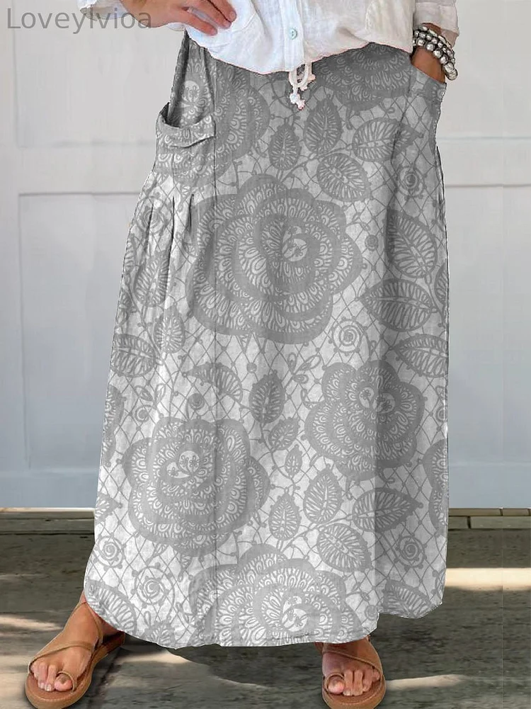 Women's Retro Elegant Floral Art Linen Pocket Skirt
