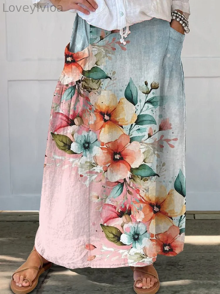 Women's Flowers Watercolor Contrasting Colors Casual Print Linen Pocket Skirt