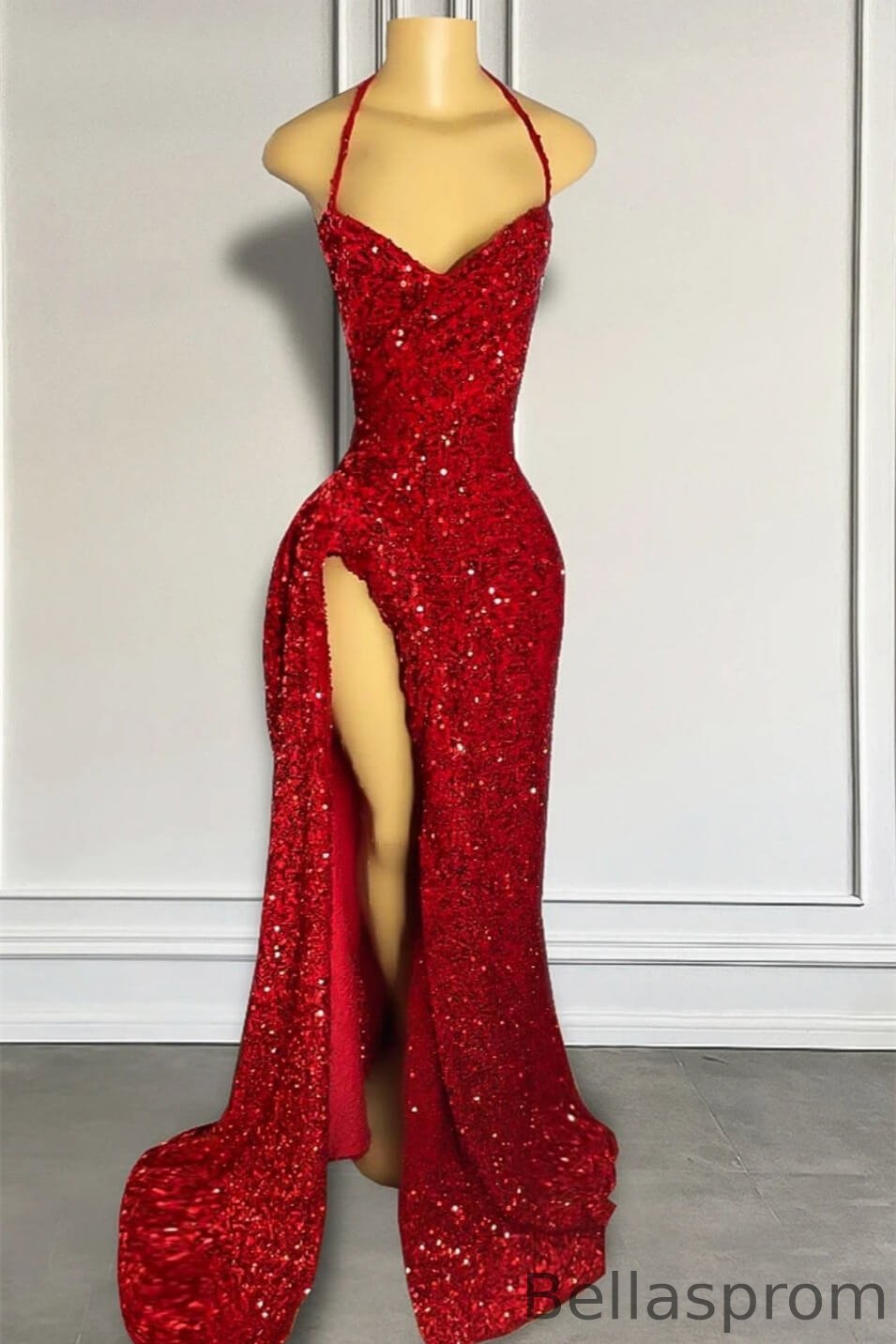 Bellasprom Halter Sleeveless Mermaid Prom Dress With Split Sequins Lace-up Bellasprom