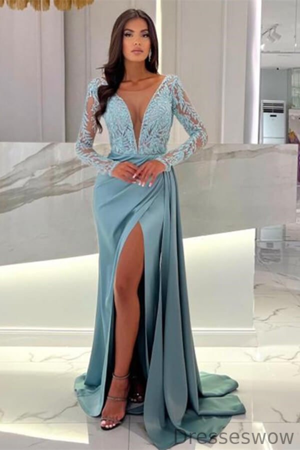 Dresseswow Dusty Blue Long Sleeves V-Neck Prom Dress Mermaid Split With Sequins Beads