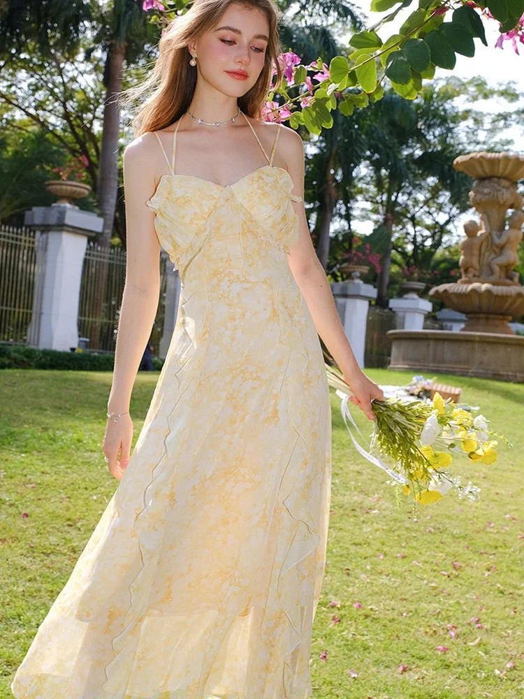 Yellow Floral Suspender Dress