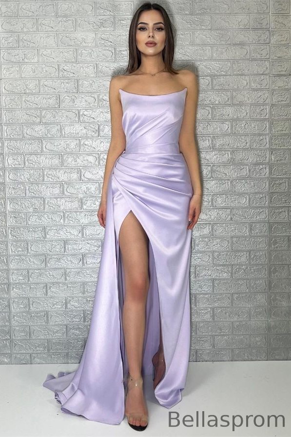 Bellasprom Light Lilac Strapless Mermaid Prom Dresses Pleats Long Split With Ruffle Bellasprom