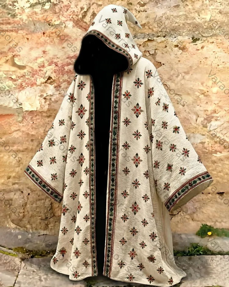 Men's Summer Fashion Boho-Style Embroidered Linen Hooded Cape 9569