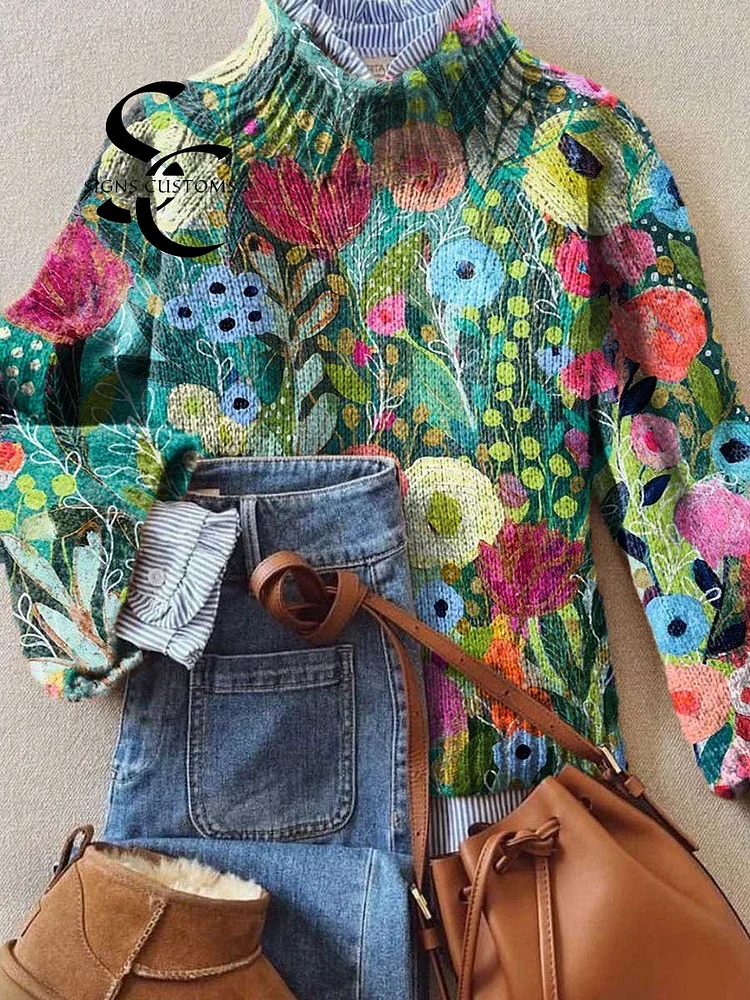 Women's Vintage Lovely Floral Art Print Knit Turtleneck Pullover Sweater