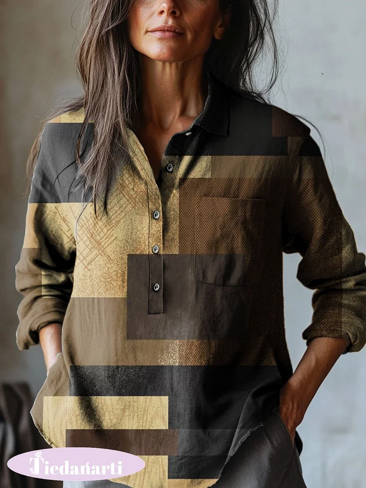 Women's Retro Block Art Print Casual Cotton And Linen Shirt