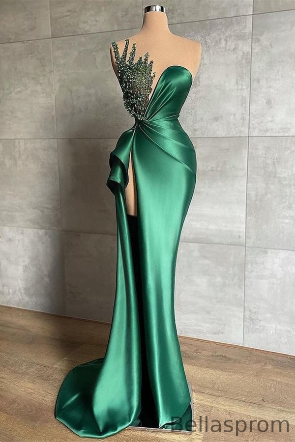 Bellasprom Emerald Green Sleeveless Prom Dress Mermaid Slit With Beads Bellasprom