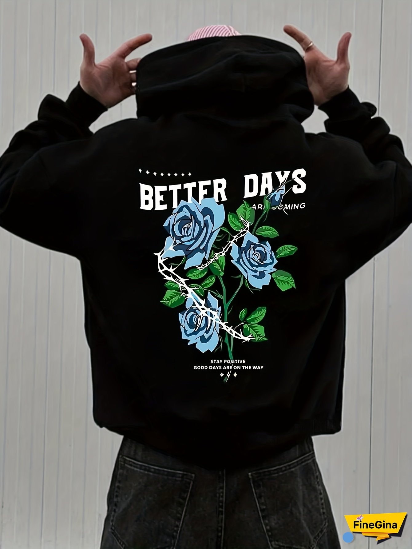 Men&lsquo;s Floral Print Hooded Sweatshirt - Rose & Butterfly Design with "Better Days" Text, French Terry Polyester Loose Fit Hoodie, Non-Stretch Knit Fabric, Front Pocket, Casual & Active Pullover for Casual Attire