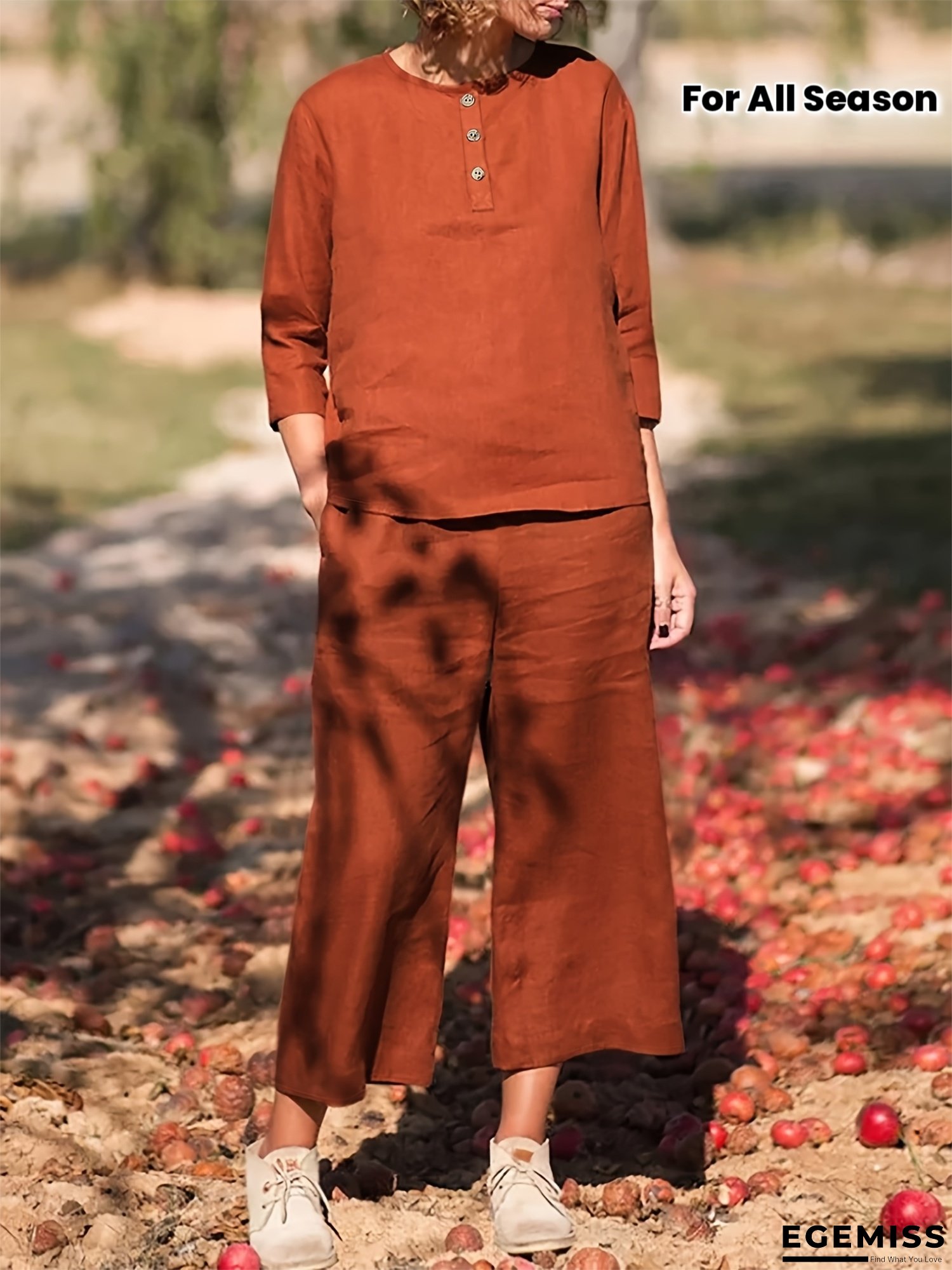 Women's Casual Spring/Summer Outfit - Long Sleeve Top & Wide-Leg Pants, Solid Color, All-Season Comfort, Casual Attire|Casual Style|Solid Color Top | EGEMISS
