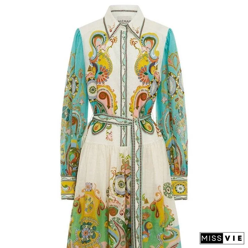 Floral Print Long Sleeve Tie-Waist Swing Dress