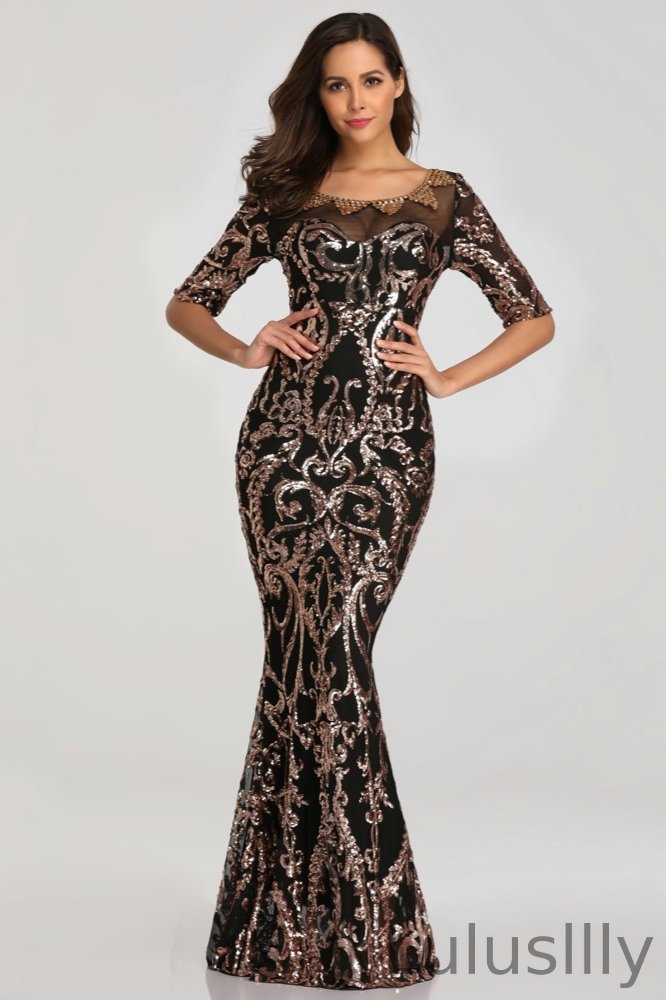 Chic Half Sleeve Sequins Black Mermaid Evening Dresses Online - lulusllly