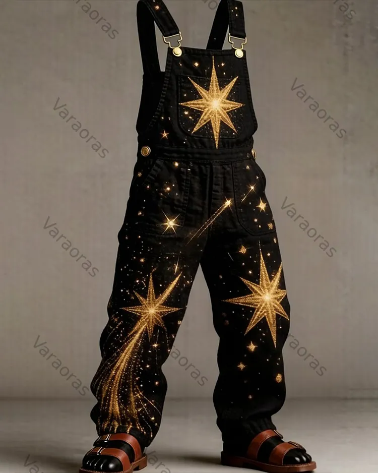 Men's Summer Star and Moon Embroidered Cotton Linen Overalls 9845