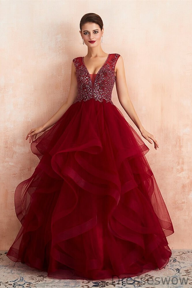 Dresseswow Burgundy V-Neck Prom Dress Tulle Long With Beads Online