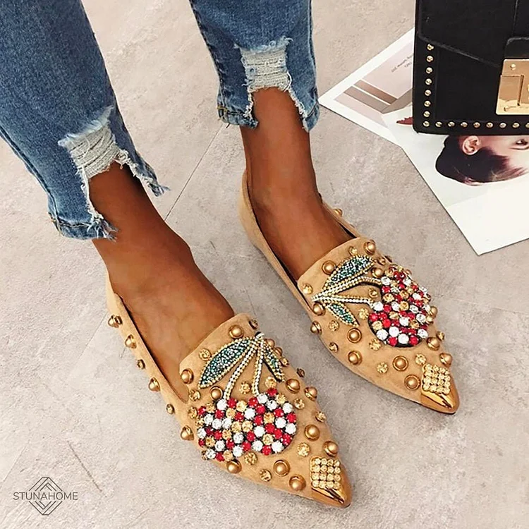 Luxurious Rhinestone Cherry Metal Pointed Toe Flat Shoes shopify Stunahome.com