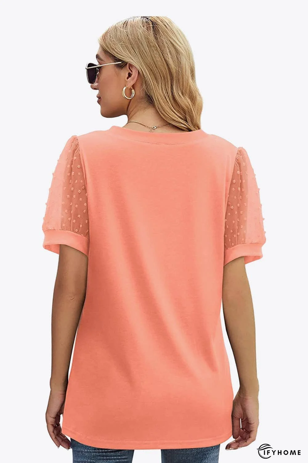 Swiss Dot Puff Sleeve V-Neck Tee | IFYHOME