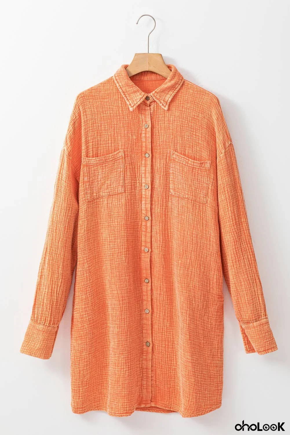Crinkled Dual Chest Pocket Oversized Shirt Dress