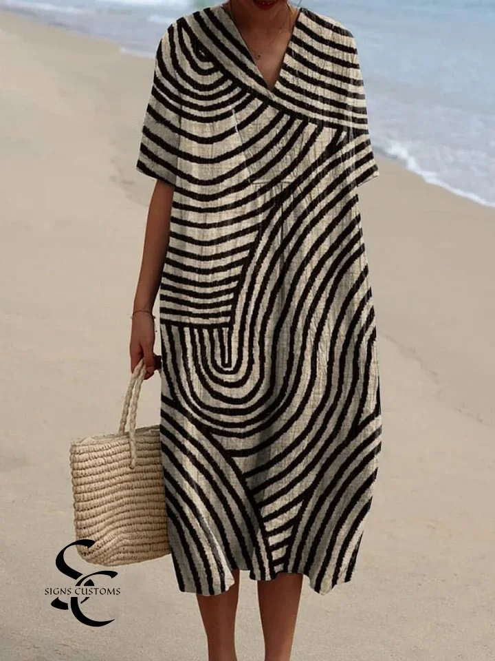 Geometric Hand-Drawn Circle Line Print Flowy Dress