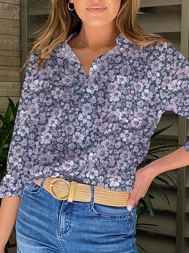 Purple Spring Floral Seamless Repeat Pattern Printed Women's Casual Shirt