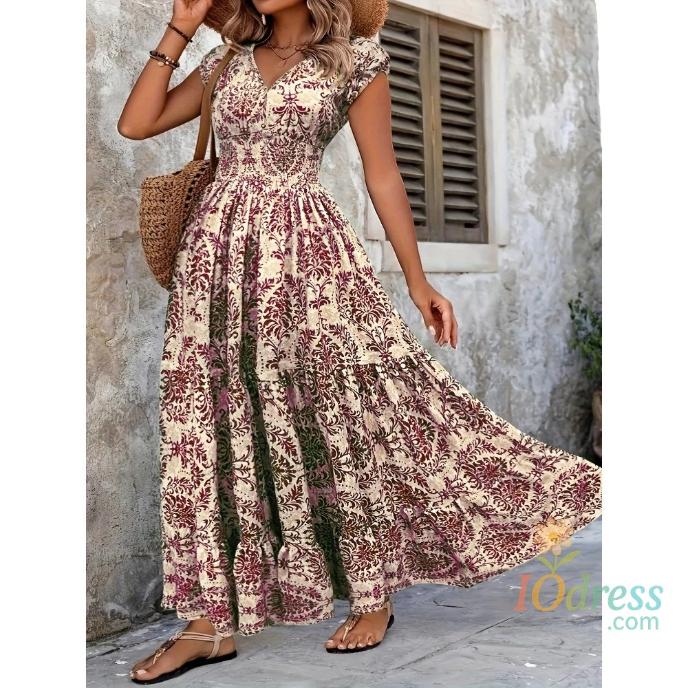 IO Dress Plus Size Women's Bohemian Floral Print V-Neck Short Sleeve Dress Oversized Ruffled Skirt For Women Casual A-line Long Dresses