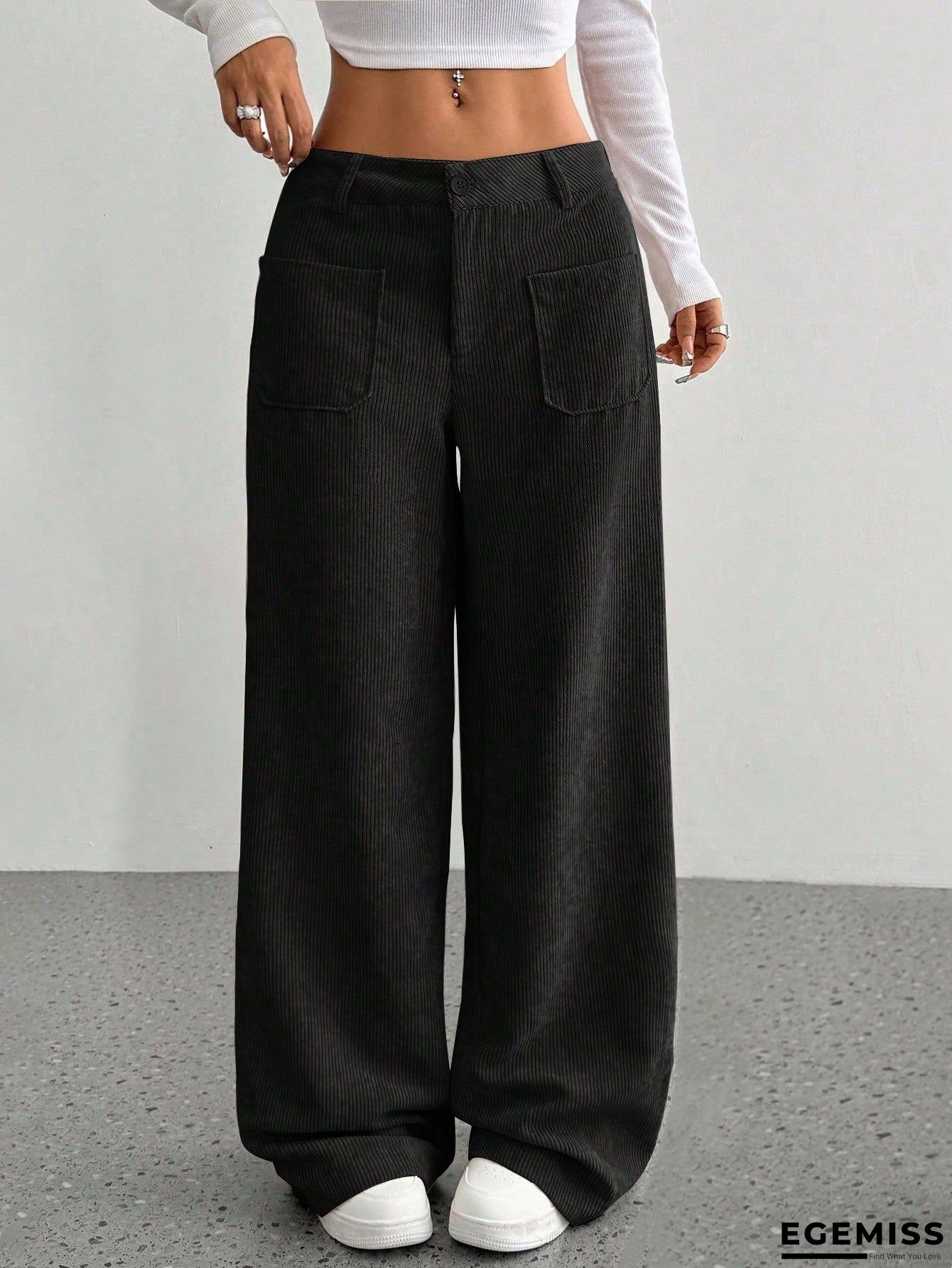 Women&lsquo;s High-Waisted Corduroy Wide Leg Pants - Loose Fit with Front & Back Pockets, Solid Black Casual Commuting Pants for Fall/Winter, Comfortable Fabric for Casual Attire, Corduroy Pants | EGEMISS