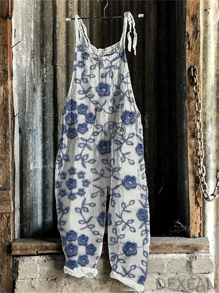 Embroidered Floral Linen Blend Casual Jumpsuit