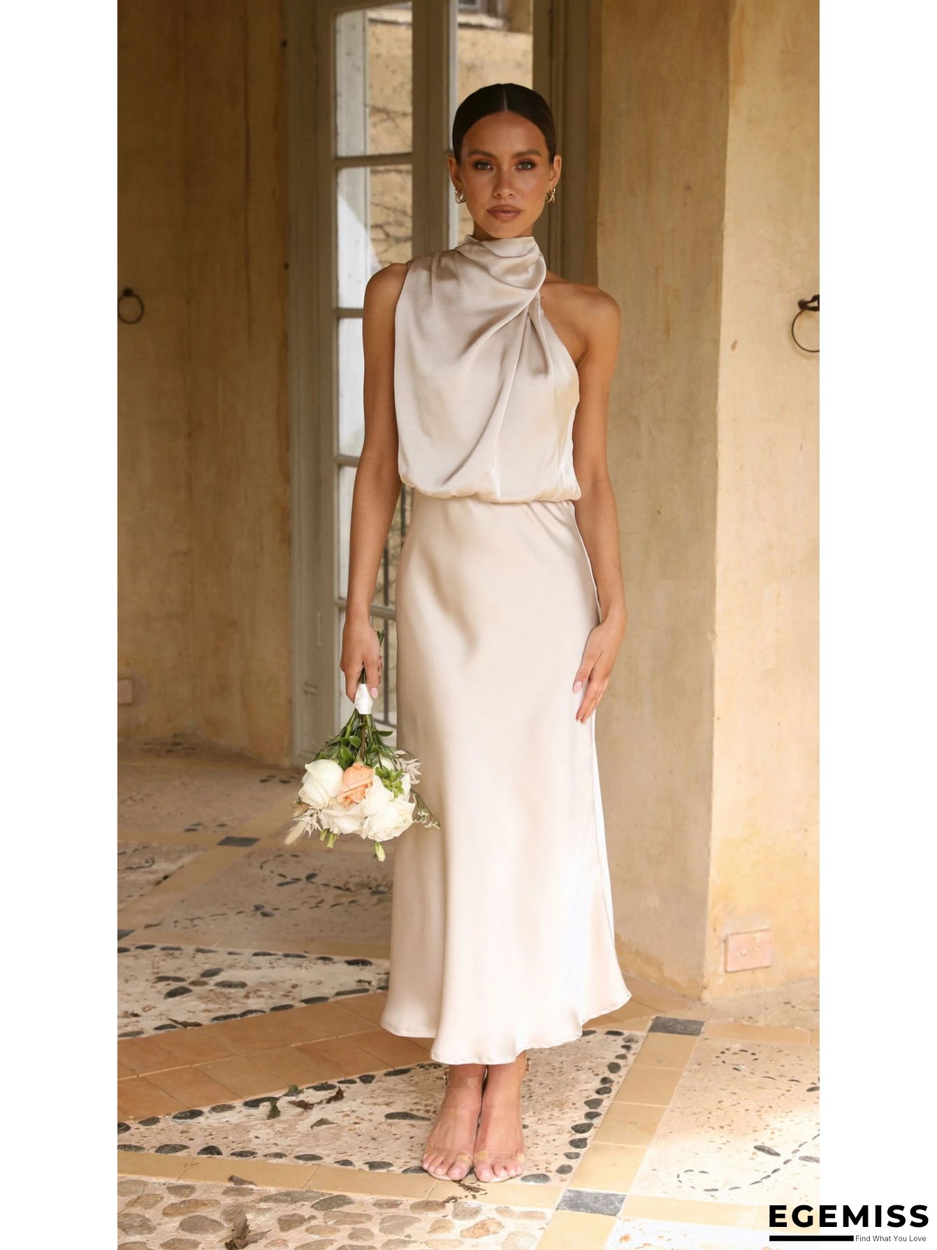 Women's Elegant Sexy Formal Party Dress - Beige/Neutral Palette, Zipper Back Closure, Flared Hem, Machine Washable - Wedding, Evening, Special Events Attire, Dresses For Wedding Guest Elegant, Evening Wear, Offshoulder Design, Smooth Satin Finish | EGEMISS
