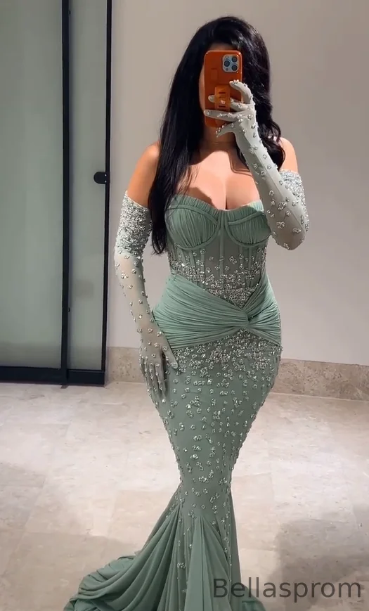 Bellasprom Sage Green Sweetheart Mermaid Evening Dress With Beadings Gloves Same as Picture-US2 Bellasprom Sage Green Sweetheart Mermaid Evening Dress With Beadings Gloves Same as Picture-US2