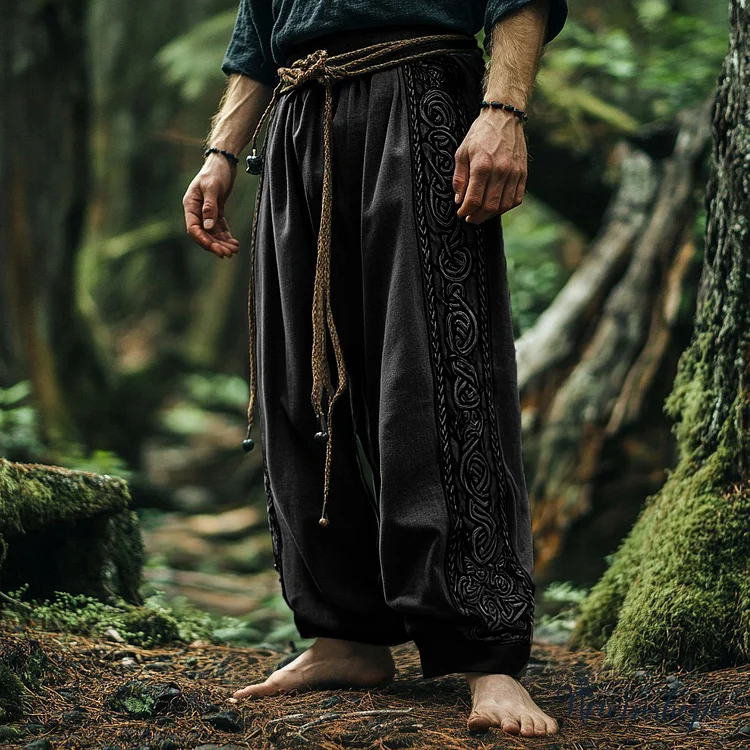 Vintage Tribal Viking Celtic Embroidery Art Linen Long Loose Wide-leg Pants