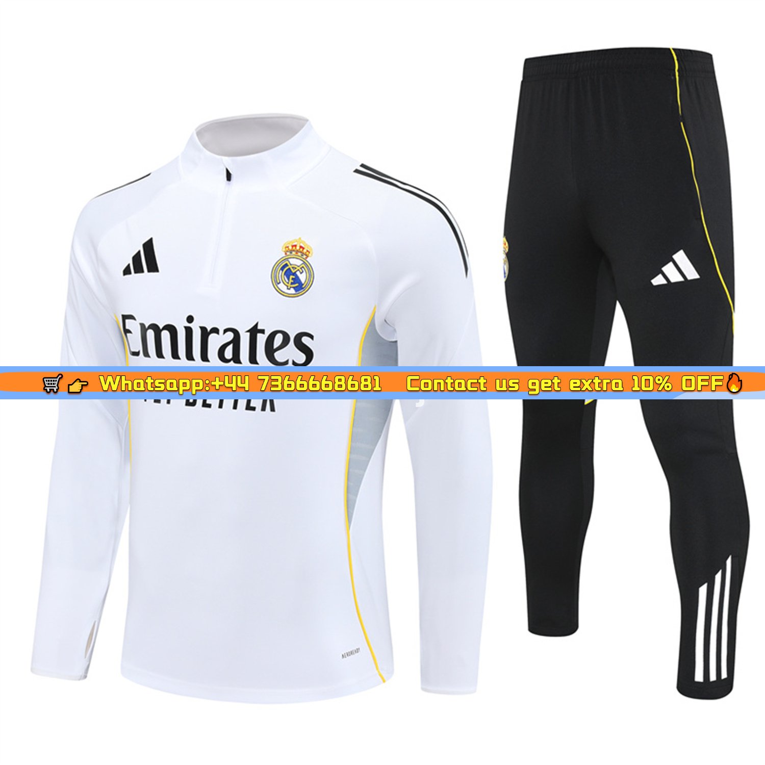 Real Madrid 25-26 Kids Long Sleeve Training Set - Yellow Line White Top and Black Shorts
