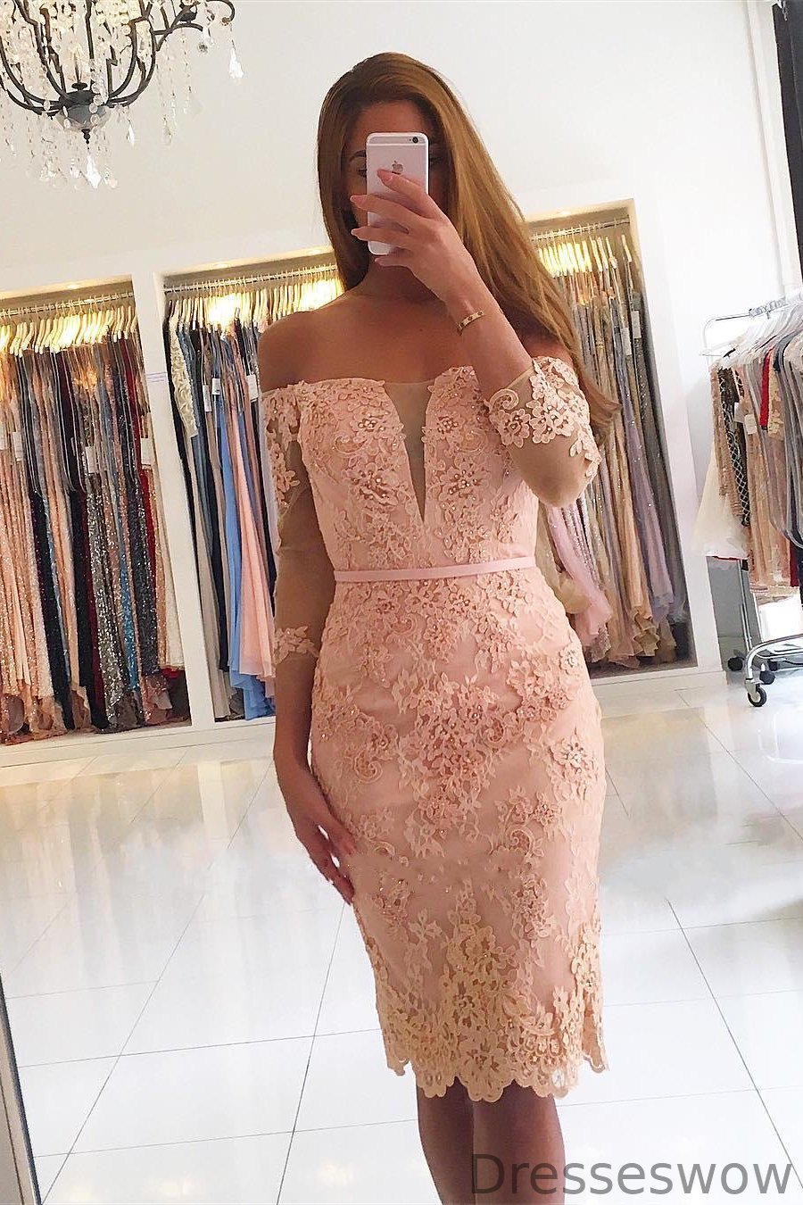 Dresseswow Off-the-Shoulder Long Sleeves Short Prom Dress Sheath Lace Appliques