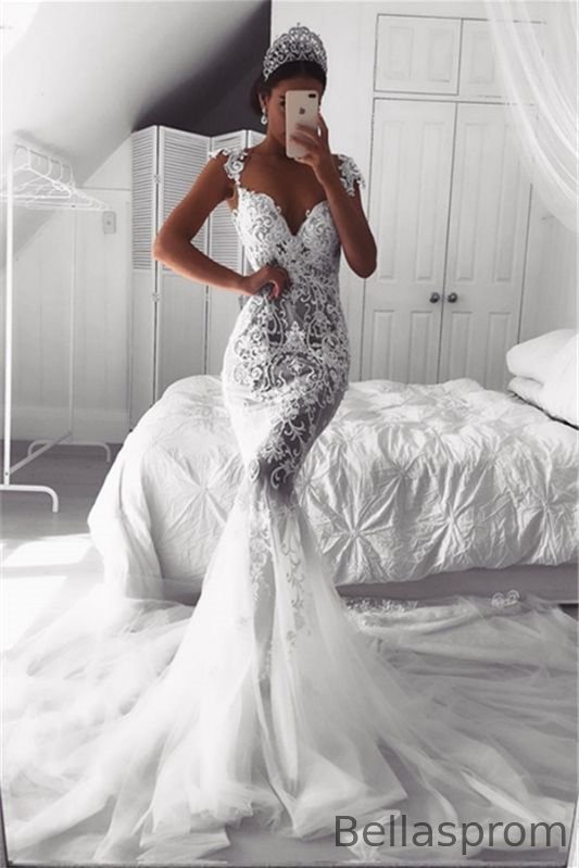 Bellasprom Cap Sleeves Wedding Dress Lace Appliques With Zipper Button Back Mermaid Bellasprom