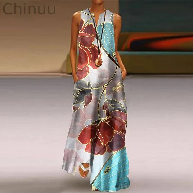 Japanese Art Flower Print Sleeveless Maxi Dress
