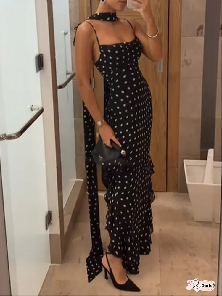 [Elegant Polka Dots Dress] Elegant Polka Dots Women's Long Length Party Dress | Casual Spaghetti Strap Ruffled Dress With Scarf For Vacation & Beach, Women's Clothing
