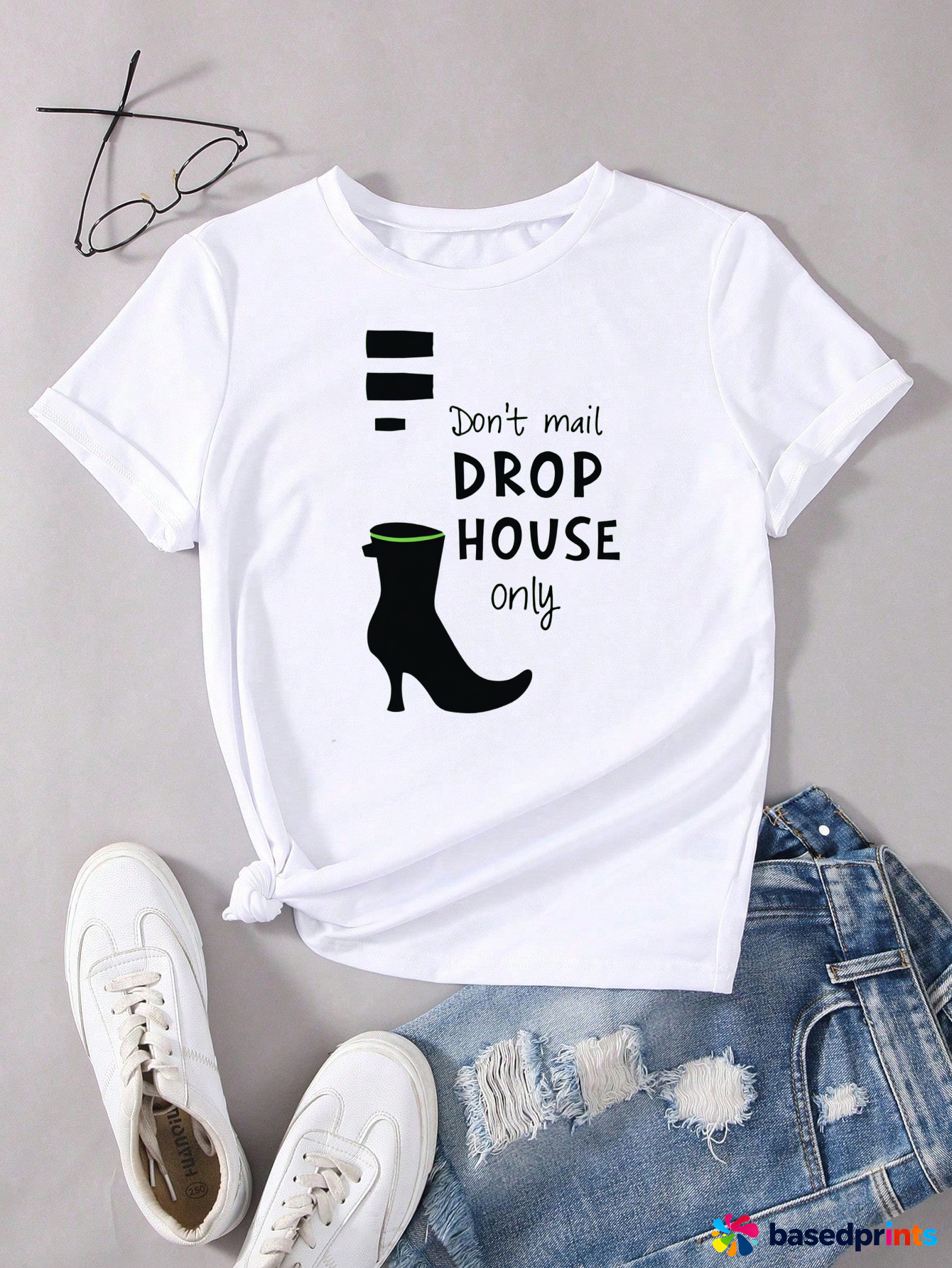 White Short Sleeve T-Shirt with Black and Green Print