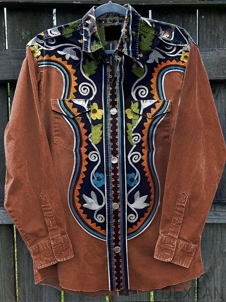 Western Style Totem Patterned Shirt Vintage Stripe Print Casual Shirt