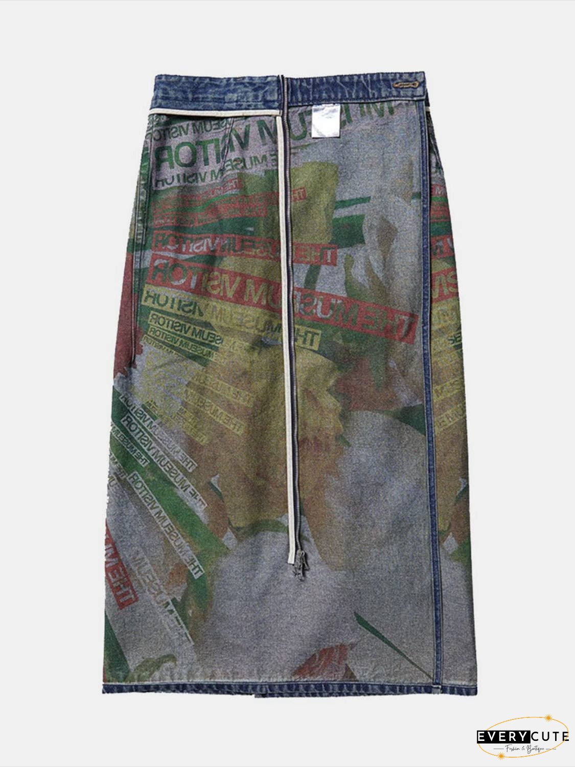 Reversible Slit Printed Midi Denim Skirt