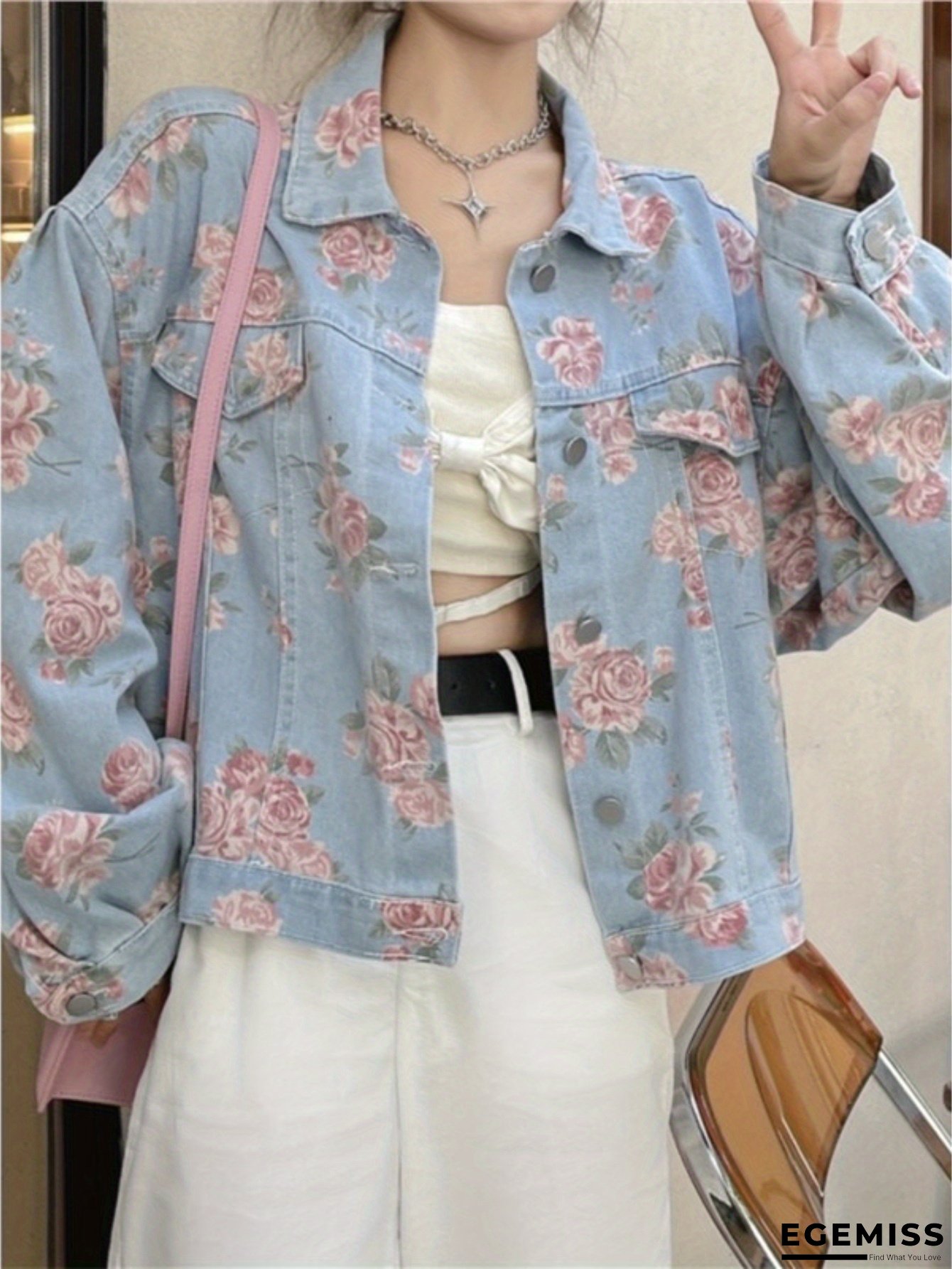 Women's Lightweight Denim Jacket - Cropped Fit Vintage Blue Jeans Coat, Machine Washable Spring/Summer Outerwear for Casual & Formal Outfits, Versatile Outfit Jacket, Floral Print Jacket | EGEMISS