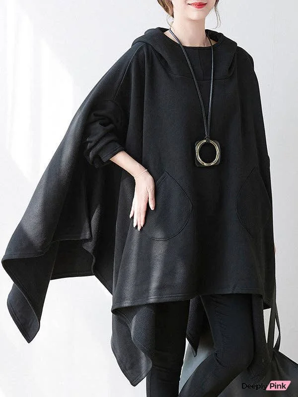 Casual Plus Size Irregularity Batwing Sleeves Solid Color Hoodies