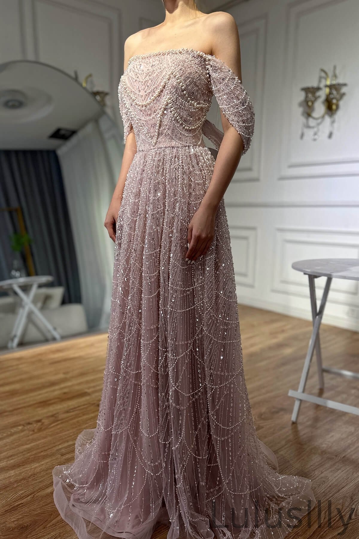 Classic Dusty Pink Strapless Off-the-Shoulder Mermaid Evening Gowns With Sequins Pearls - lulusllly