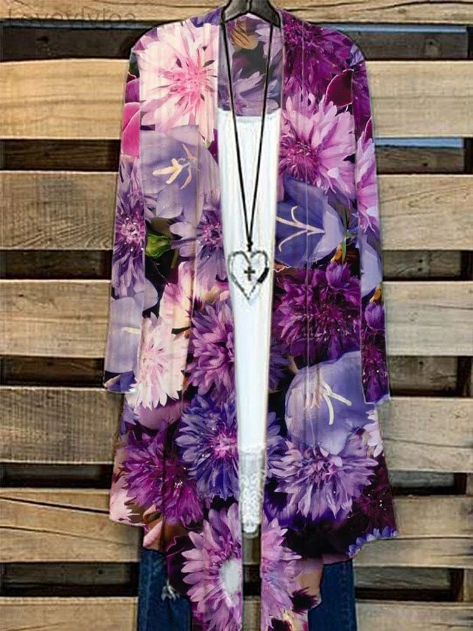 Women's Alzheimer's Purple Flowers Print Casual Cardigan