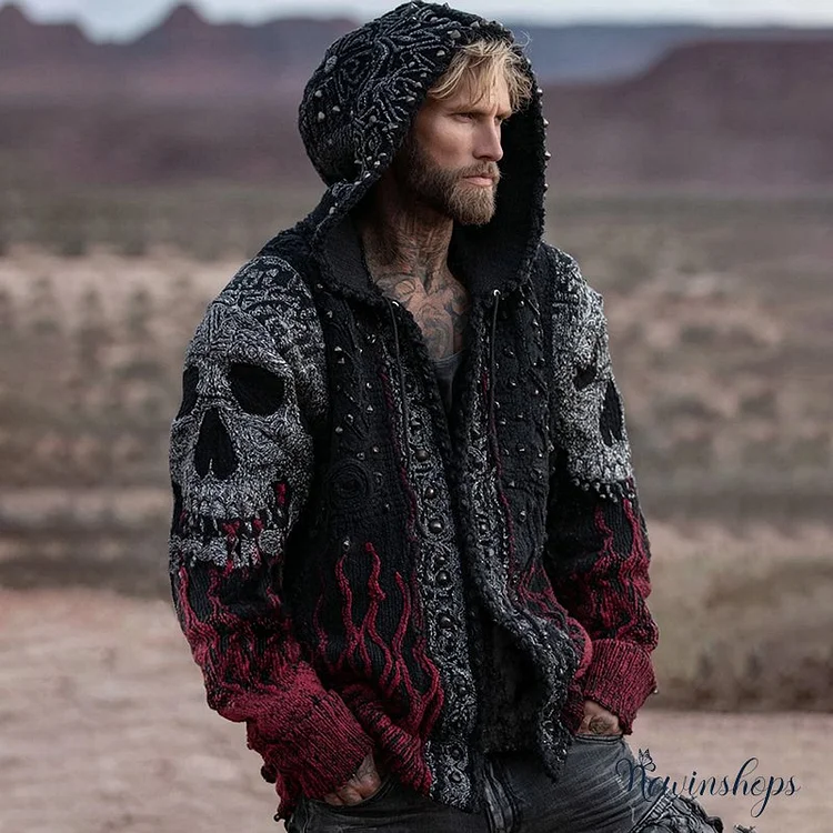 Men's Retro Skull And Flame Inspired Knitted Cozy Zipper Up Hooded Cardigan