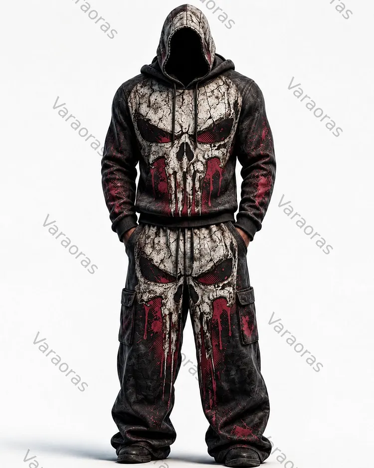 Men's Fashion Skull Contrast Color Embroidered Hoodie & Pants Two-Piece Set 2935