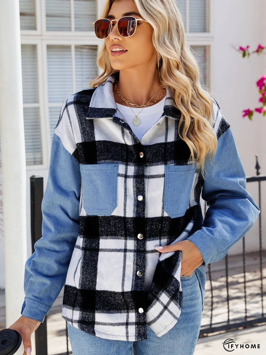 Pocketed Plaid Snap Down Denim Jacket | IFYHOME
